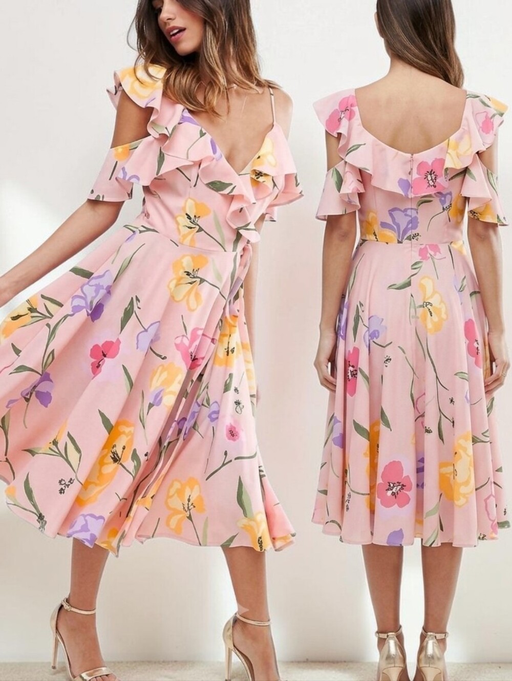 ASOS Floral Print Cold Shoulder Midi Wrap Dress - Size 6